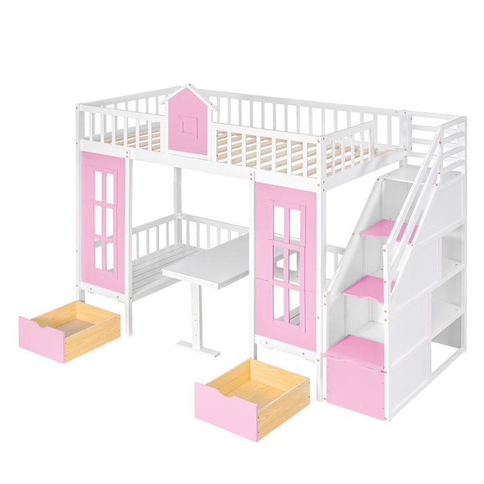 GFD Home - Twin-Over-Twin Bunk Bed with Changeable Table , Bunk Bed  Turn into Upper Bed and Down Desk with 2 Drawers - Pink - GreatFurnitureDeal