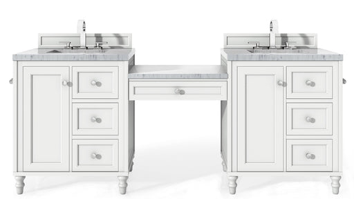 James Martin Furniture - Copper Cove Encore  86" Double Vanity Set, Bright White w- Makeup Table, 3 CM Arctic Fall Solid Surface Top - 301-V86-BW-DU-3AF - GreatFurnitureDeal