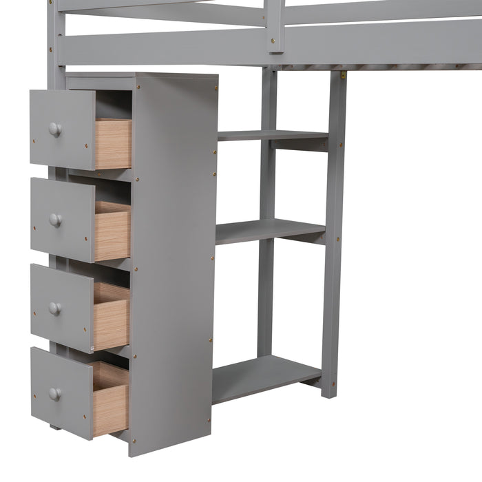 GFD Home - Twin size Loft Bed with Storage Drawers ,Desk and Stairs, Wooden Loft Bed with Shelves - Gray - GreatFurnitureDeal