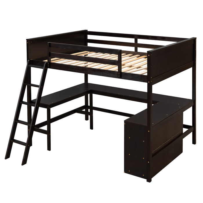 GFD Home - Full size Loft Bed with Shelves and Desk, Wooden Loft Bed with Desk - Espresso - GreatFurnitureDeal