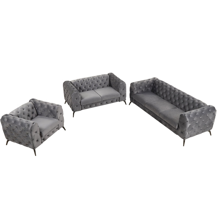 GFD Home - Modern 3-Piece Sofa Sets with Sturdy Metal Legs,Velvet Upholstered Couches Sets Including Three Seat Sofa, Loveseat and Single Chair for Living Room Furniture Set,Gray - GreatFurnitureDeal