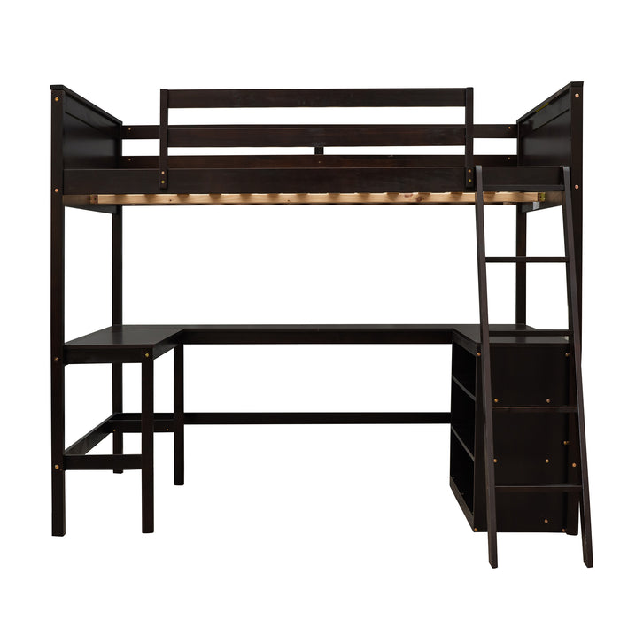 GFD Home - Full size Loft Bed with Shelves and Desk, Wooden Loft Bed with Desk - Espresso - GreatFurnitureDeal