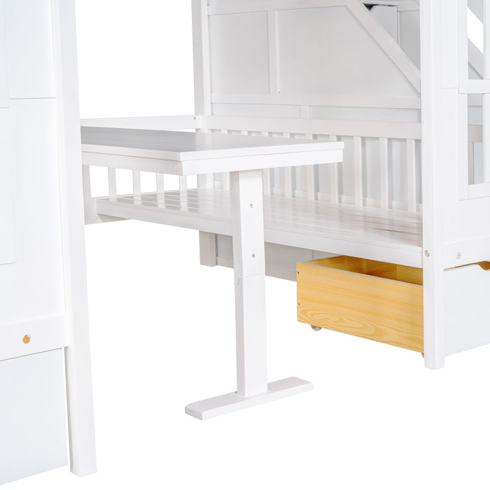 GFD Home - Full-Over-Full Bunk Bed with Changeable Table ,Bunk Bed Turn into Upper Bed and Down Desk - White - GreatFurnitureDeal