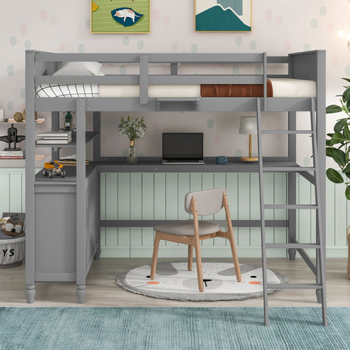 GFD Home - Full size Loft Bed with Drawers and Desk, Wooden Loft Bed with Shelves - Gray(OLD SKU:LT000529AAE) - GreatFurnitureDeal