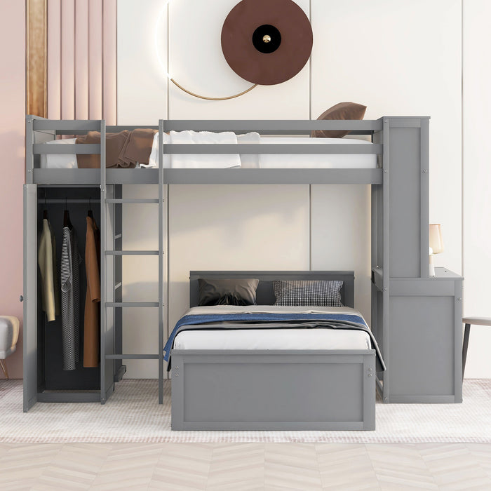 GFD Home - Twin size Loft Bed with a Stand-alone bed, Shelves,Desk,and Wardrobe-Gray - GreatFurnitureDeal