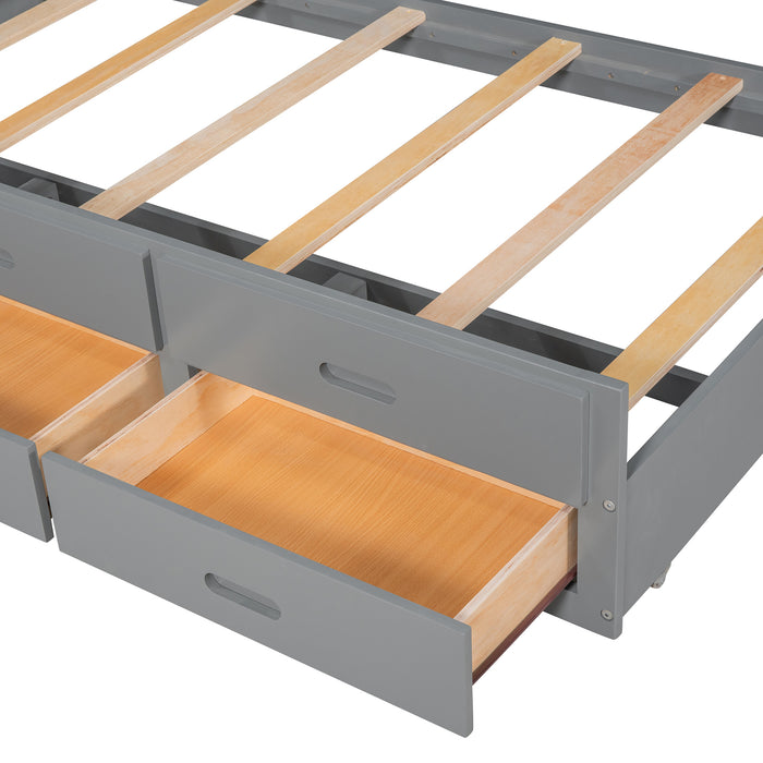 GFD Home - Stairway Twin XL Loft Bed with Twin Size Trundle and 3 Drawers, Storage, Desk, Gray - GreatFurnitureDeal