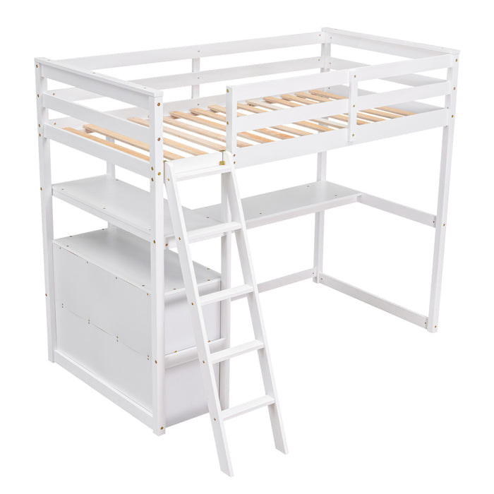 GFD Home - Twin Size Loft Bed with Desk and Shelves, Two Built-in Drawers, White (old SKU: GX000803AAK-1） - GreatFurnitureDeal