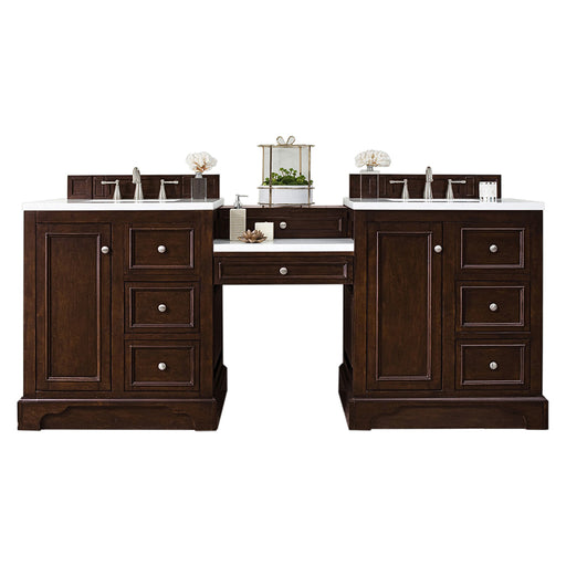 James Martin Furniture - De Soto 82" Double Vanity Set, Burnished Mahogany w- Makeup Table, 3 CM Classic White Quartz Top - 825-V82-BNM-DU-CLW - GreatFurnitureDeal