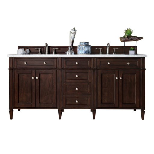 James Martin Furniture - Brittany 72" Burnished Mahogany Double Vanity w- 3 CM Classic White Quartz Top - 650-V72-BNM-3CLW - GreatFurnitureDeal