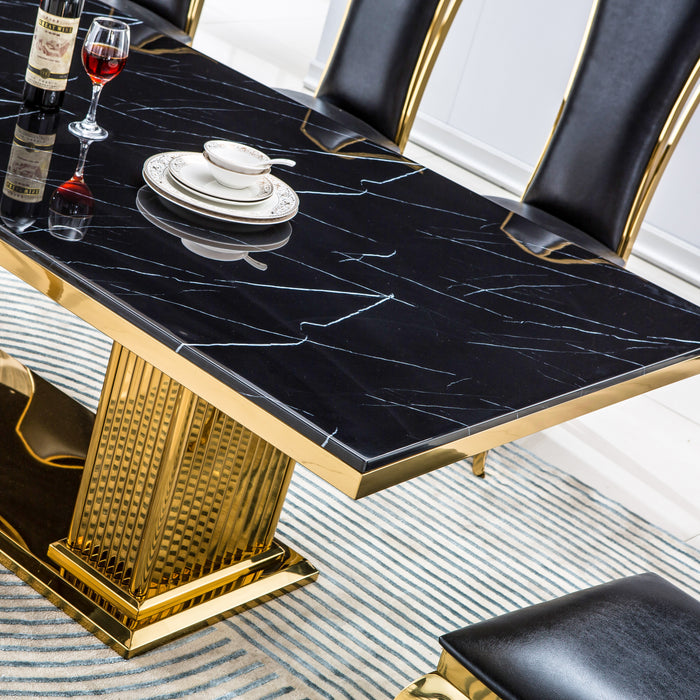GFD Home - Modern Rectangular Marble Dining Table, 0.71" Thick Marble Top, Double Pedestal Pillar Stainless Steel Base with Gold Mirrored Finish(Not Including Chairs) - GreatFurnitureDeal