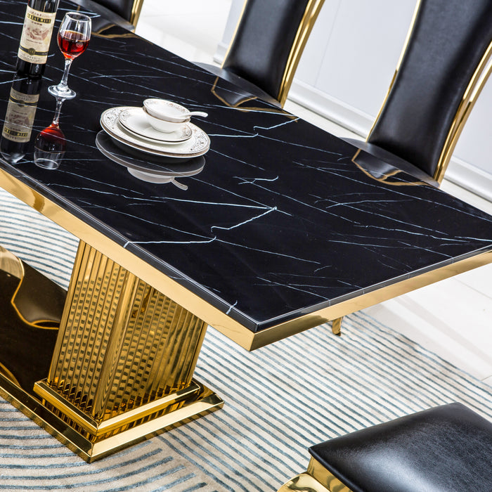 GFD House - Modern Rectangular Marble Dining Table, 0.71" Thick Marble Top, Double Pedestal Pillar Stainless Steel Base with Gold Mirrored Finish(Not Including Chairs) - GreatFurnitureDeal