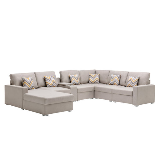 GFD Home - Nolan Beige Linen Fabric 7Pc Reversible Chaise Sectional Sofa with a USB, Charging Ports, Cupholders, Storage Console Table and Pillows and Interchangeable Legs - GreatFurnitureDeal