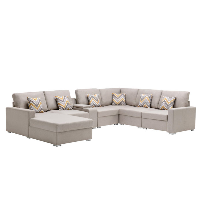 GFD Home - Nolan Beige Linen Fabric 7Pc Reversible Chaise Sectional Sofa with a USB, Charging Ports, Cupholders, Storage Console Table and Pillows and Interchangeable Legs - GreatFurnitureDeal