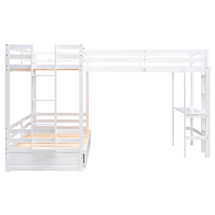 GFD Home - Twin over Twin/King Size L-Shaped Bunk Bed with Built-in Desk and Two Drawers,White - GreatFurnitureDeal