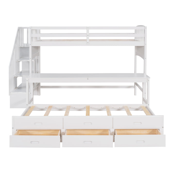 GFD Home - Stairway Twin XL Loft Bed with Twin Size Trundle and 3 Drawers, Storage, Desk, White - GreatFurnitureDeal
