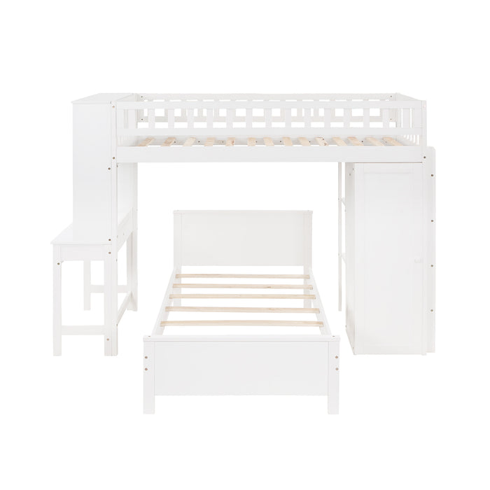 GFD Home - Twin Size Loft Bed with Closet and Desk, Extra Bottom Twin Bed, White - GreatFurnitureDeal