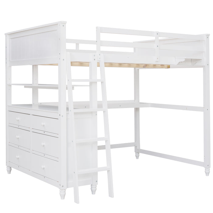 GFD Home - Full size Loft Bed with Drawers and Desk, Wooden Loft Bed with Shelves - White(OLD SKU:LT000529AAK) - GreatFurnitureDeal