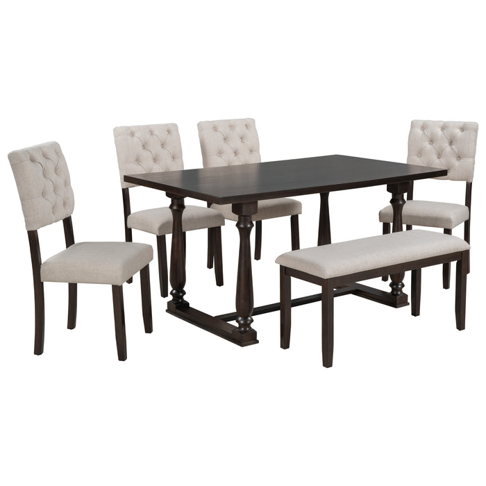 GFD Home - TREXM 6-Piece Dining Table and Chair Set with Special-shaped Legs and Foam-covered Seat Backs&Cushions for Dining Room (Espresso) - GreatFurnitureDeal