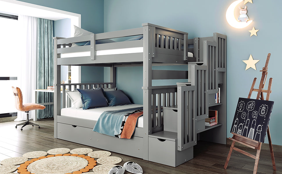 GFD Home - Full Over Full Bunk Bed with Shelves and 6 Storage Drawers, Gray(Old SKU：LP000046AAE) - GreatFurnitureDeal