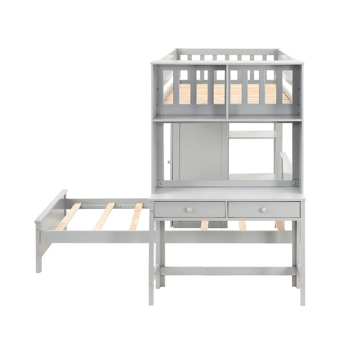 GFD Home - Twin Size Loft Bed with Closet and Desk, Extra Bottom Twin Bed, Grey - GreatFurnitureDeal