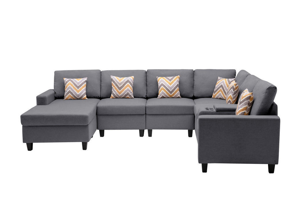 GFD Home - Nolan Gray Linen Fabric 7Pc Reversible Chaise Sectional Sofa with a USB, Charging Ports, Cupholders, Storage Console Table and Pillows and Interchangeable Legs - GreatFurnitureDeal