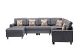 GFD Home - Nolan Gray Linen Fabric 7Pc Reversible Chaise Sectional Sofa with a USB, Charging Ports, Cupholders, Storage Console Table and Pillows and Interchangeable Legs - GreatFurnitureDeal