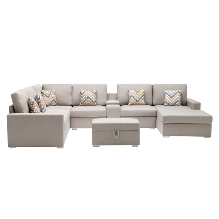 GFD Home - Nolan Beige Linen Fabric 8Pc Reversible Chaise Sectional Sofa with Interchangeable Legs, Pillows, Storage Ottoman, and a USB, Charging Ports, Cupholders, Storage Console Table - GreatFurnitureDeal