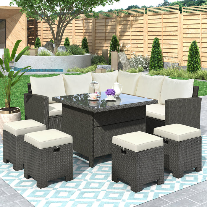 GFD Home - U_STYLE Patio Furniture Set, 8 Piece Outdoor Conversation Set, Dining Table Chair with Ottoman, Cushions - GreatFurnitureDeal