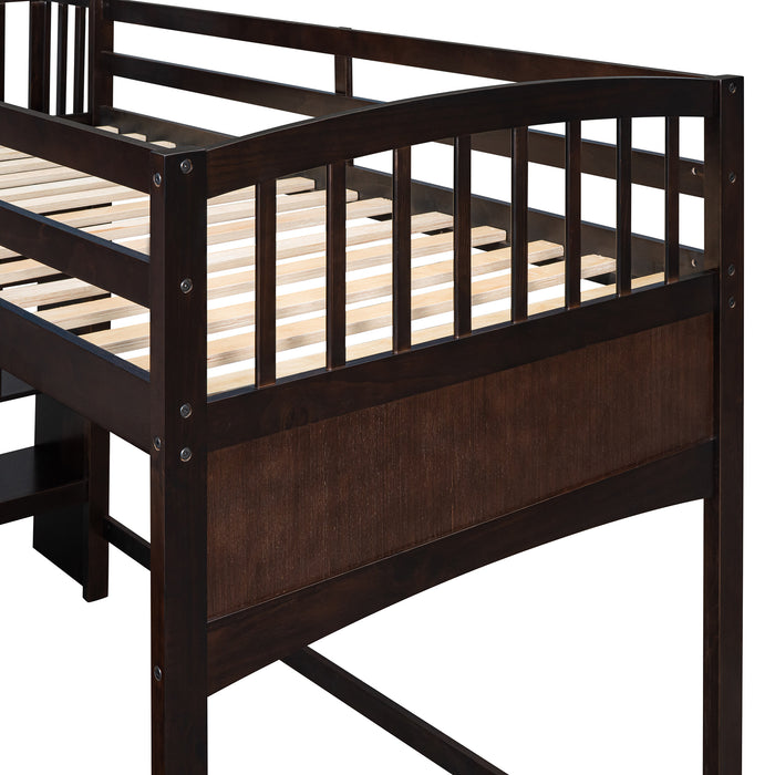 GFD Home - Stairway Twin XL Loft Bed with Twin Size Trundle and 3 Drawers, Storage, Desk, Espresso - GreatFurnitureDeal