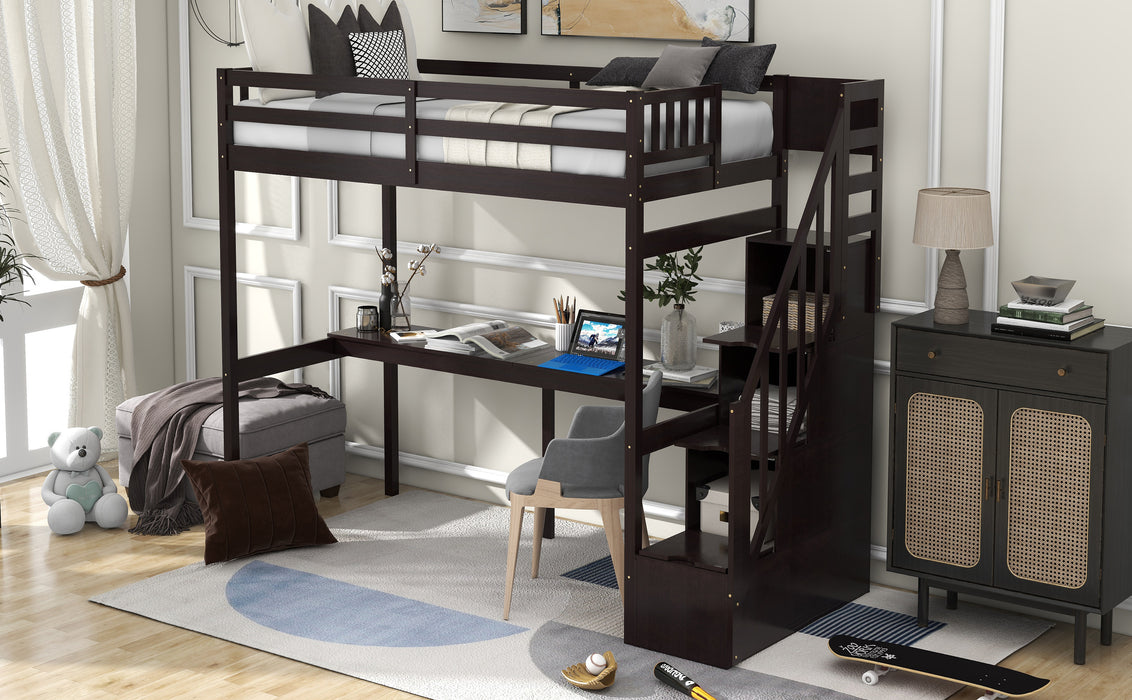 GFD Home - Twin Size Loft Bed with Storage Staircase and Built-in Desk, Espresso (Old SKU:GX000903AAP) - GreatFurnitureDeal