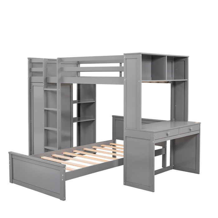 GFD Home - Twin size Loft Bed with a Stand-alone bed, Shelves,Desk,and Wardrobe-Gray - GreatFurnitureDeal