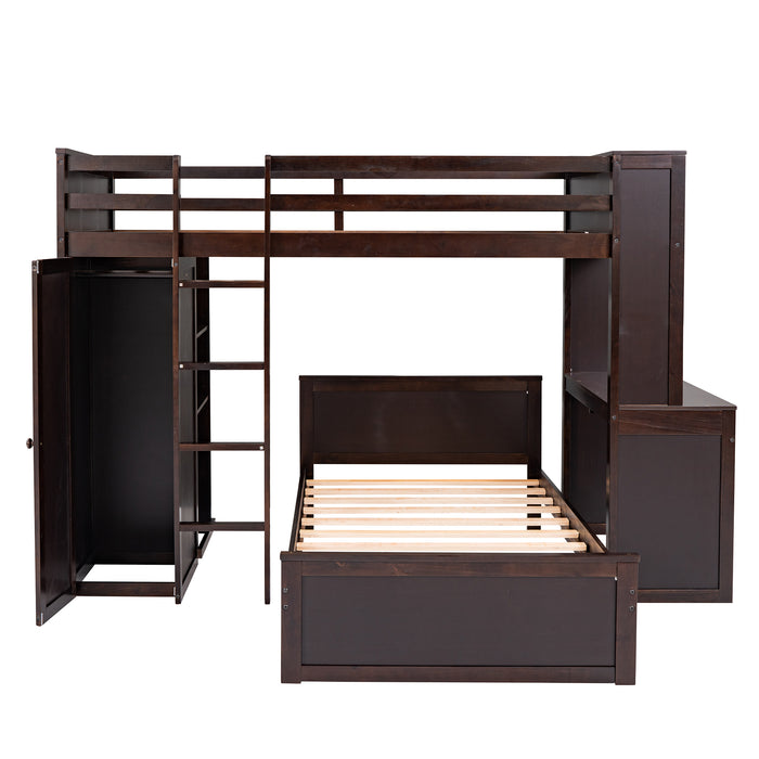 GFD Home - Twin size Loft Bed with a Stand-alone bed, Shelves,Desk,and Wardrobe-Espresso - GreatFurnitureDeal