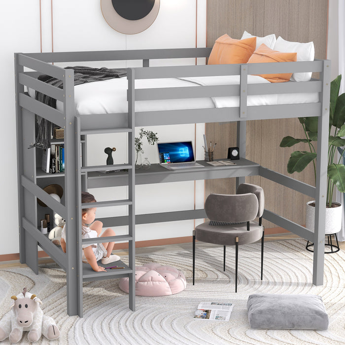 GFD Home - Full Size Loft Bed with Multifunction Shelves and Under-bed Desk, Gray - GreatFurnitureDeal