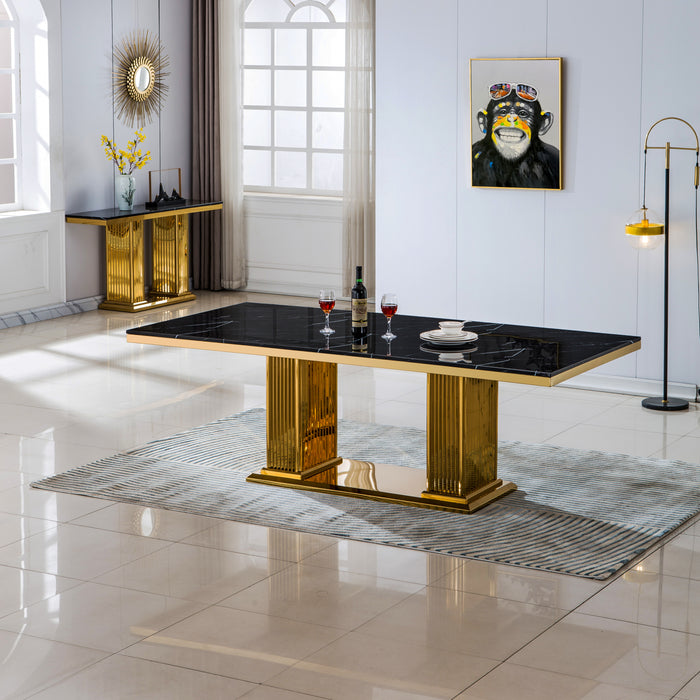 GFD Home - Modern Rectangular Marble Dining Table, 0.71" Thick Marble Top, Double Pedestal Pillar Stainless Steel Base with Gold Mirrored Finish(Not Including Chairs) - GreatFurnitureDeal