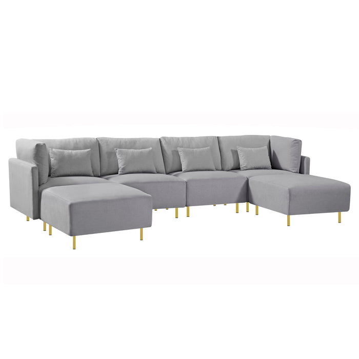 GFD Home - Modern Luxury Sectional Sofa Couch Quality Upholstery U Shape Sofa Golden Metal Leg with Convertible Ottoman Chaise Grey - GreatFurnitureDeal