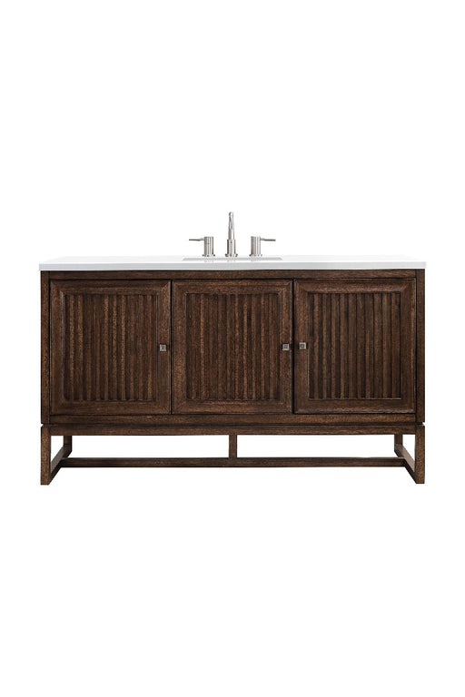 James Martin Furniture - Athens 60" Single Vanity Cabinet , Mid Century Acacia, w- 3 CM Classic White Quartz Top - E645-V60S-MCA-3CLW - GreatFurnitureDeal