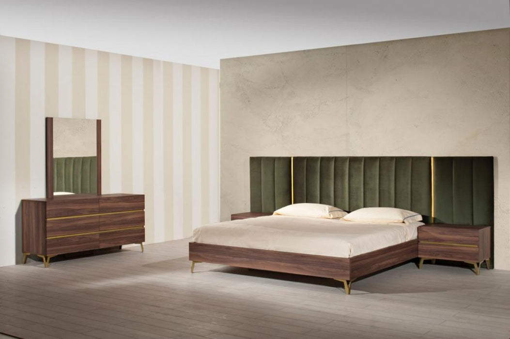 VIG Furniture - Nova Domus Calabria Modern Walnut & Green Velvet Bed & Nightstands - VGACCALABRIA-BED - GreatFurnitureDeal