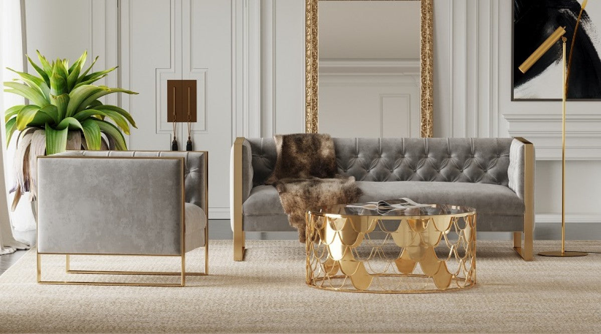 VIG Furniture - Divani Casa Carlos Modern Grey Velvet & Gold Sofa - VGRH-SF-311-T-GRY