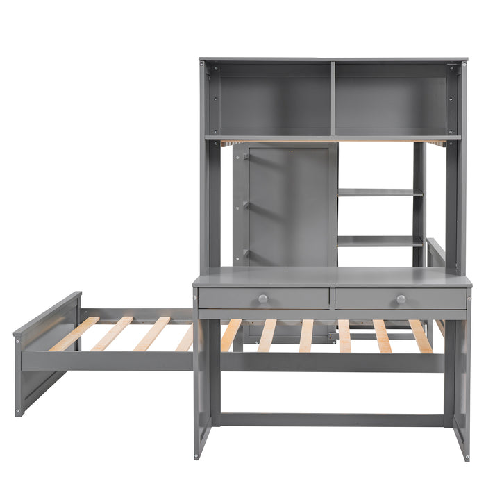 GFD Home - Twin size Loft Bed with a Stand-alone bed, Shelves,Desk,and Wardrobe-Gray - GreatFurnitureDeal