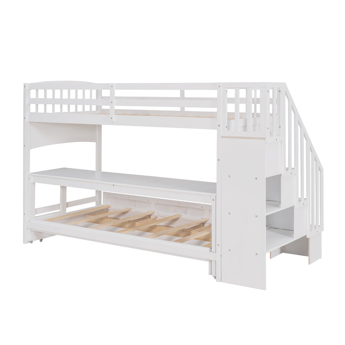 GFD Home - Stairway Twin XL Loft Bed with Twin Size Trundle and 3 Drawers, Storage, Desk, White - GreatFurnitureDeal