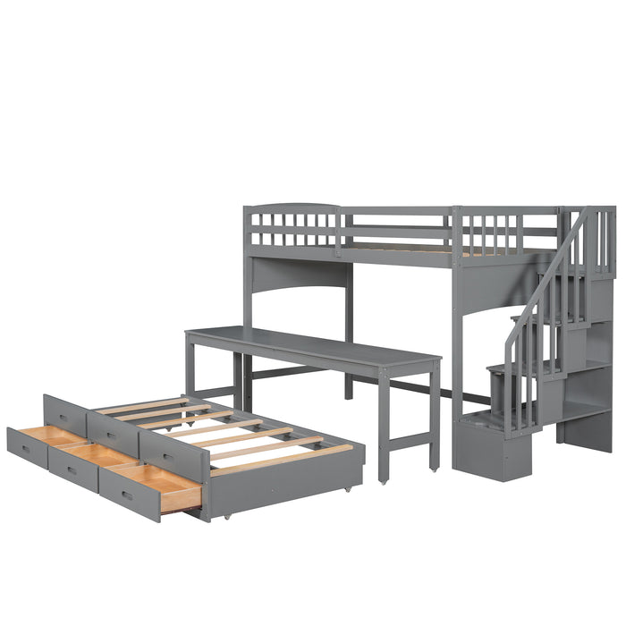GFD Home - Stairway Twin XL Loft Bed with Twin Size Trundle and 3 Drawers, Storage, Desk, Gray - GreatFurnitureDeal