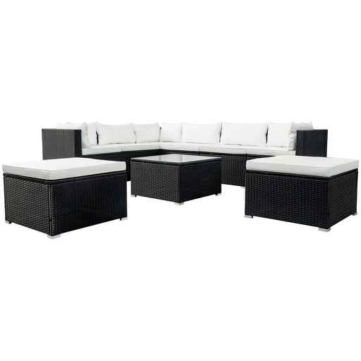 GFD Home - GO 9-piece Outdoor Patio PE Wicker Rattan conversation Sectional Sofa sets with 3 sofa, 3 corner sofa, 2 ottomans, and 1 glass coffee table, removable soft cushions (Black wicker, Beige cushion) - GreatFurnitureDeal