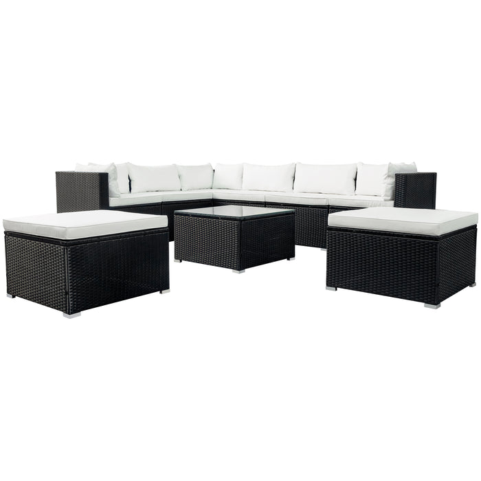 GFD Home - GO 9-piece Outdoor Patio PE Wicker Rattan conversation Sectional Sofa sets with 3 sofa, 3 corner sofa, 2 ottomans, and 1 glass coffee table, removable soft cushions (Black wicker, Beige cushion) - GreatFurnitureDeal