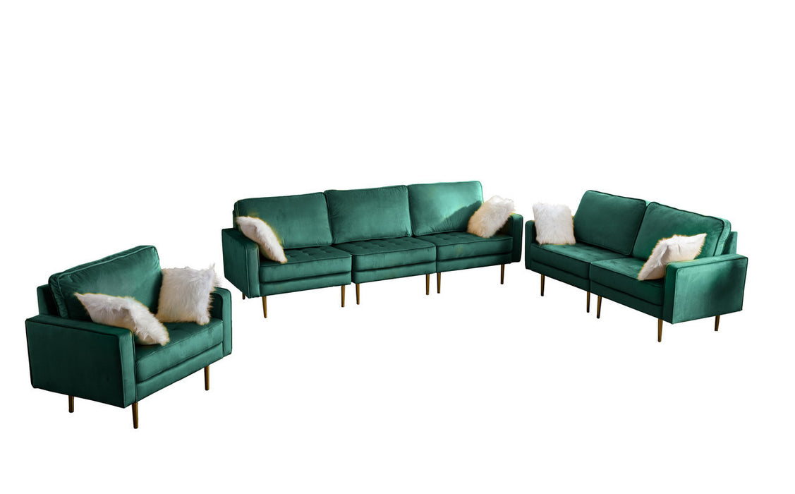 GFD Home - Theo Green Velvet Sofa Loveseat Chair Living Room Set with Pillows - GreatFurnitureDeal