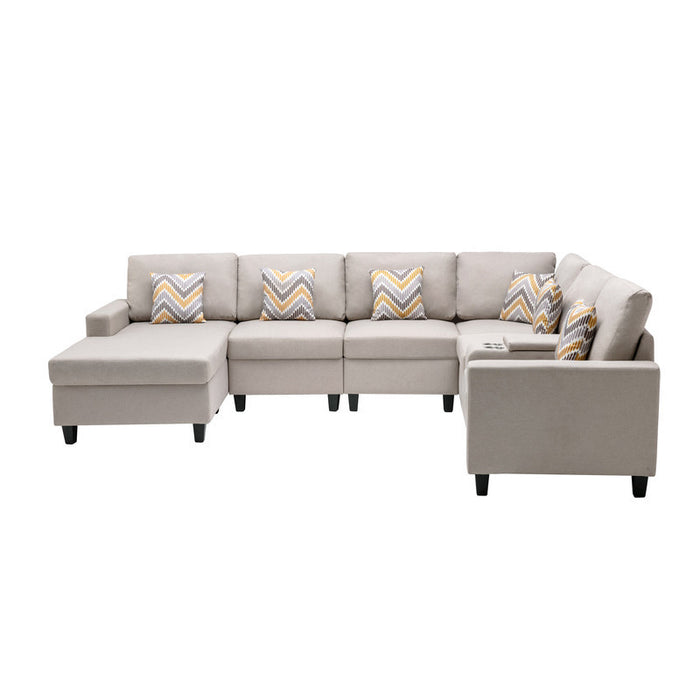 GFD Home - Nolan Beige Linen Fabric 7Pc Reversible Chaise Sectional Sofa with a USB, Charging Ports, Cupholders, Storage Console Table and Pillows and Interchangeable Legs - GreatFurnitureDeal