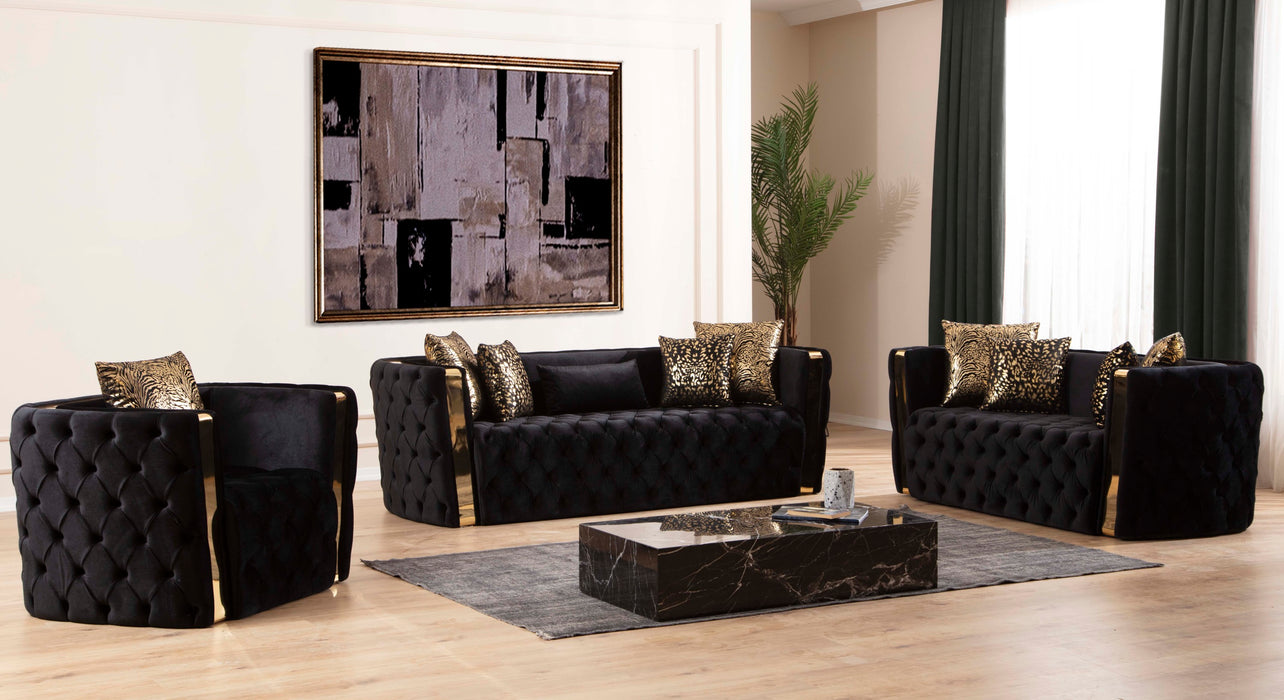GFD Home - Naomi Button Tufted Chair Finished with Velvet Fabric and Gold Accent in Black - GreatFurnitureDeal