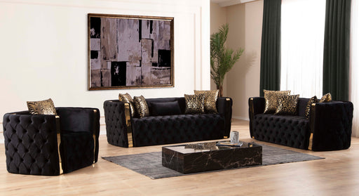 GFD Home - Naomi Button Tufted 3 Pc Sofa Set with Velvet Fabric and Gold Accent in Black - GreatFurnitureDeal