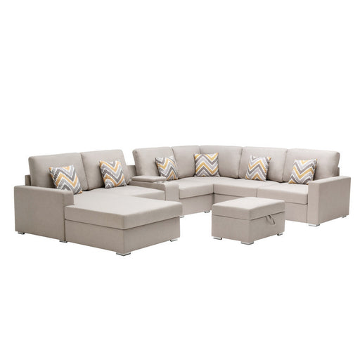 GFD Home - Nolan Beige Linen Fabric 8Pc Reversible Chaise Sectional Sofa with Interchangeable Legs, Pillows, Storage Ottoman, and a USB, Charging Ports, Cupholders, Storage Console Table - GreatFurnitureDeal