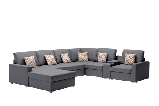 GFD Home - Nolan Gray Linen Fabric 7Pc Reversible Chaise Sectional Sofa with a USB, Charging Ports, Cupholders, Storage Console Table and Pillows and Interchangeable Legs - GreatFurnitureDeal
