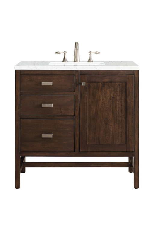 James Martin Furniture - Addison 36" Single Vanity Cabinet, Mid Century Acacia, w- 3 CM Eternal Jasmine Pearl Quartz Top - E444-V36-MCA-3EJP - GreatFurnitureDeal